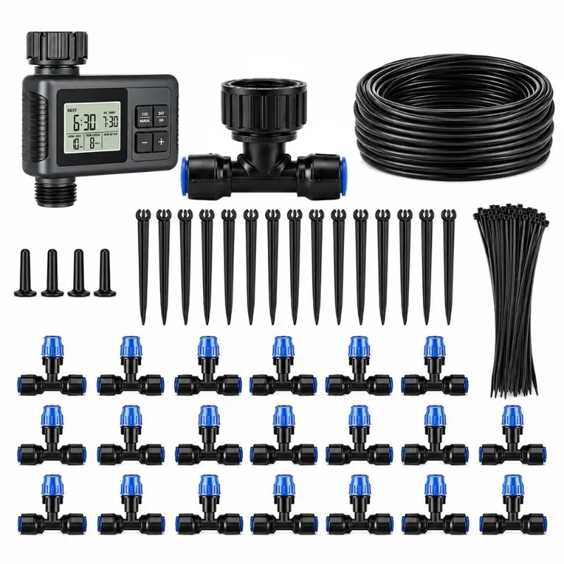 Programmable Digital Water Timer Drip Irrigation Kit (Outdoor Garden Accessories), 708.66 in Distribution Tube, 180° Adjustable Misting Micro Sprinkler Stakes, Quick Connect Fittings for Lawn, Patio Greenhouse