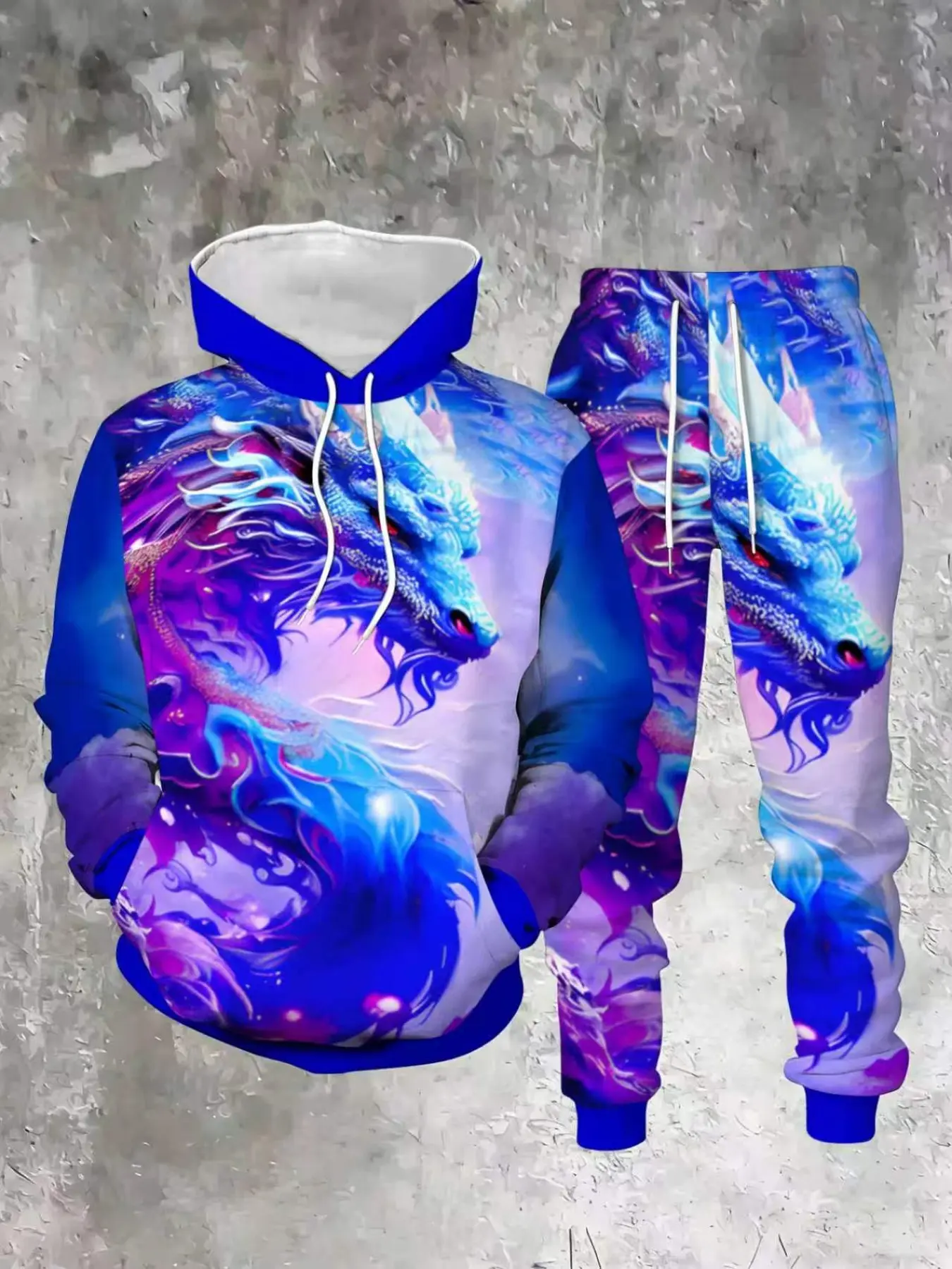 Men's Dreamy Nebula Blue Dragon Digital Print Hoodie Set, Menswear Loose-Fitting Relaxed Fit Casual Streetwear, Long Sleeve Ankle-Length Pants