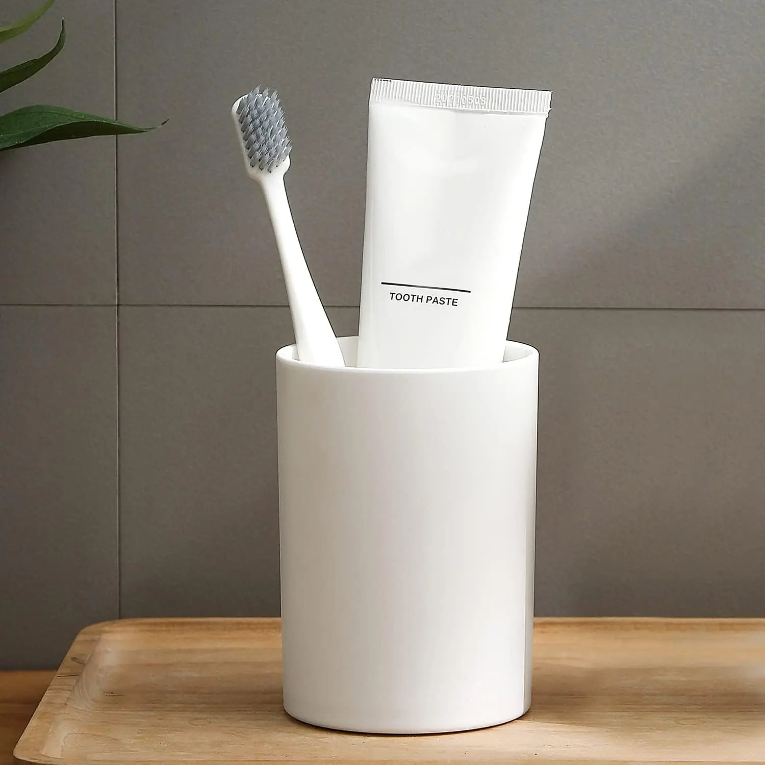White PP Bathroom Tumbler - 10.5oz/300ml, Unbreakable, Smooth, Lightweight, Sturdy, Minimalist, Neutral, Standing Toothbrush & Mouthwash Cup with Easy-to-Clean Holder, 1 Count for Bathroom Use