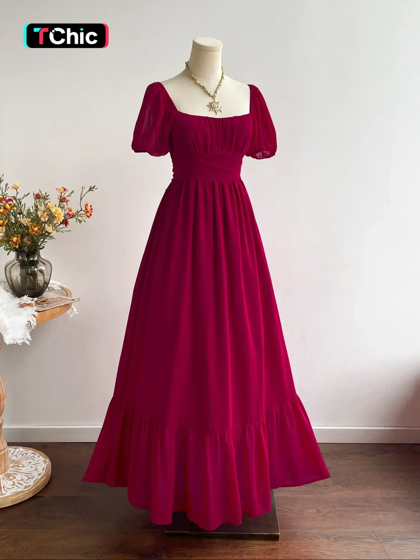 Women's Bohemian Style Dresses Vacation Boho Summer Holiday Elegant Chic Casual Waist-Tied Chiffon Woven Floral Long Short Sleeve Ruffle Hem Ruffled Dress, Womenswear, All Seasons Summer Fitted Style, Casual Wear, Lady