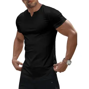 Men's Muscle V-Neck T Shirt Short Sleeve Longline Ribbed Henley Shirt Gym Workout Athletic Tee Shirts