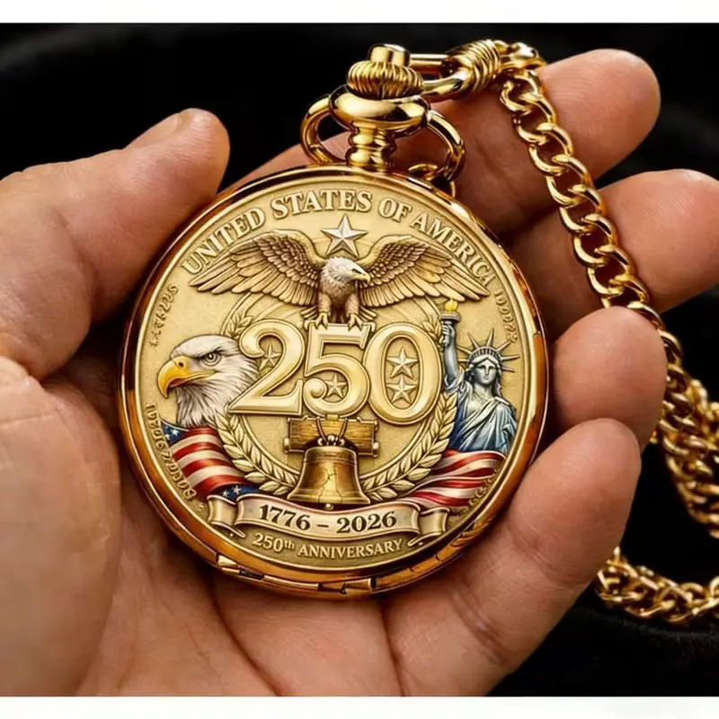 Women's 3D Engraved Gold USA 250th Anniversary Retro Winding Pocket Watch - Analog, Custom, 3D Special Edition, Antique Style Pocket & Fob Watch, Heritage Patriotic Keepsake Gift For Veterans, Analog Watches, Custom Engraved Pocket & Fob Watches