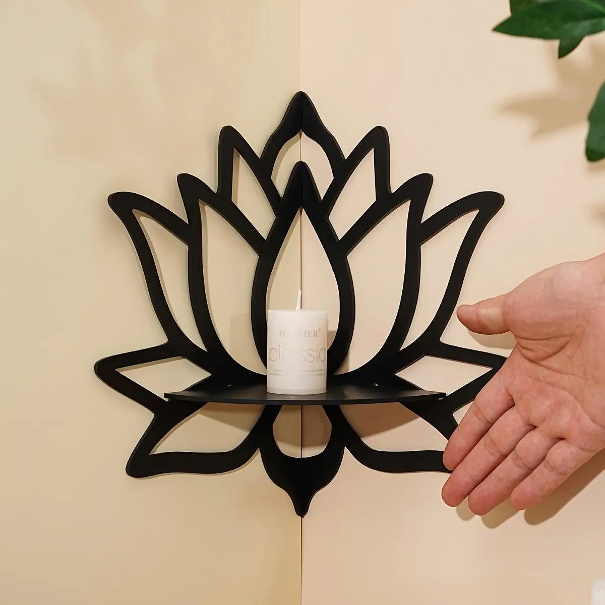 2-Piece Hollow Lotus Wooden Corner Wall-Mounted Shelf, Carved Lotus Floating Candle Holder, Bohemian Yoga Meditation Decor