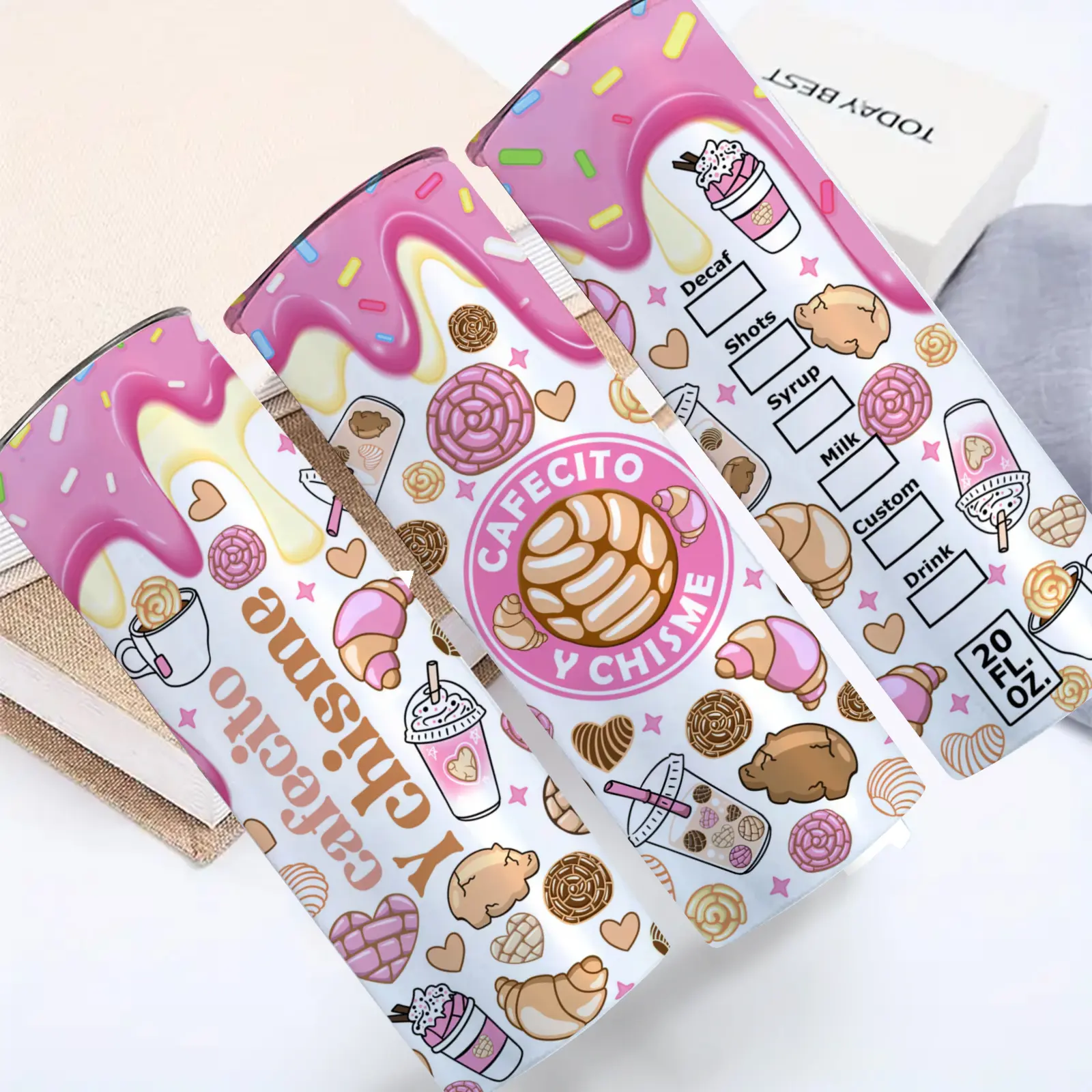 20oz Stainless Steel Insulated Tumbler with Straw, Pink Coffee and Pastry Print, Cafecito Y Chisme Design, Double Wall Vacuum Cup, Leak-Proof, Keep Hot 12H Cold 24H, Fun Trendy Mug for Home, Office, Perfect Birthday and Holiday Gift.