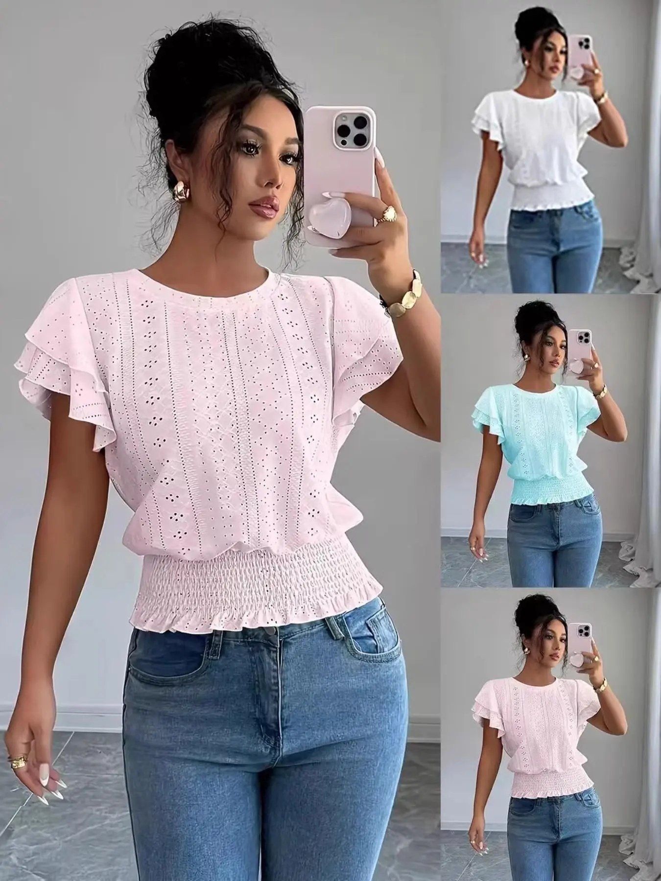 Women's Hollow Out Ruffle Sleeve T-Shirt, Spring Summer European Style, Solid Color Casual Ruffled Top, Round Neck Short Sleeve, Feminine