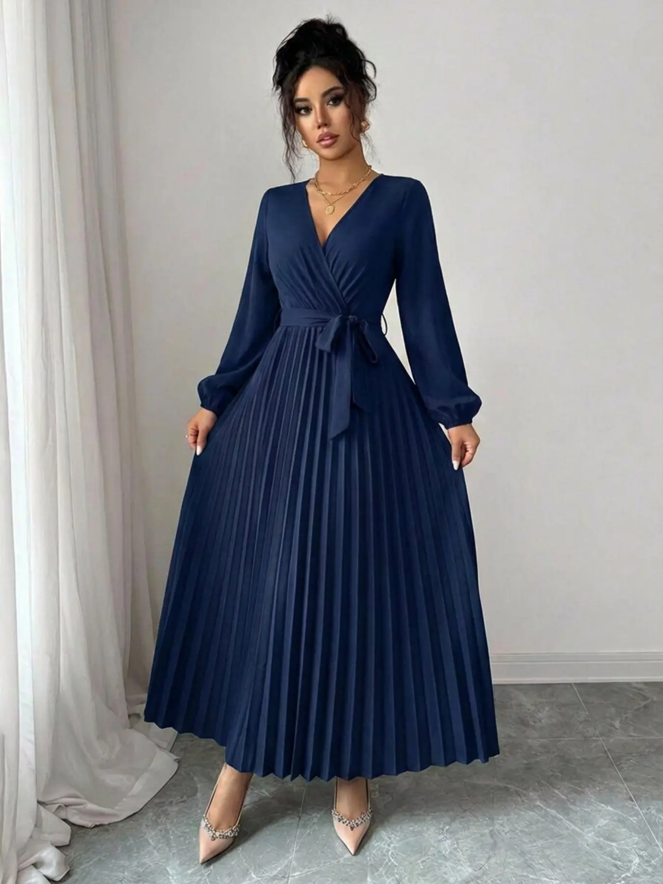 Spring Autumn V Neck Tie Waist Wedding Bridesmaid Dress, Elegant Chic Midi Pleated Solid Long Sleeve Dress, Formal Occasion Gown, Bridesmaid Evening Gown