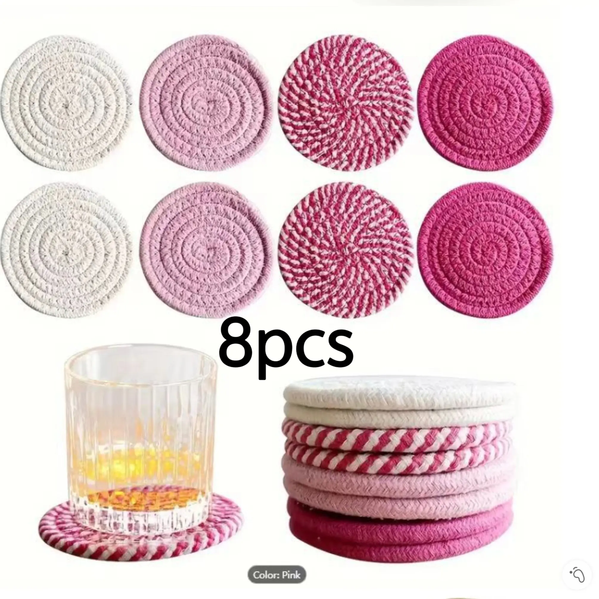 8pcs Cotton Rope Cup Coaster Set, Drink Coasters, Cream, 11cm Standard Size, Style, Heat and Water Stain Resistant, Ideal for Desk and Tabletop