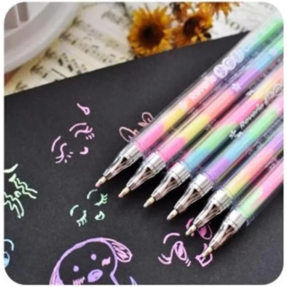 Rainbow Color Pen - 12 Pack of 6-in-1 Multi Color Ink Gel Pens 0.8mm Roller Ball Office School Supplies Ballpoint Pen Fluorescent Refills Painting Graffiti Marker Drawing Coloring Marking DIY