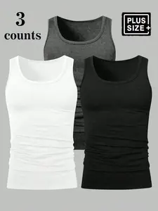 Plus Size Big Tall Men Three Pack Solid White Black Dark Gray Stretch Cotton U Neck Sleeveless Tank Tops Breathable Soft Undershirts For Big Guy Daily Inner Layering Summer Base Layers
