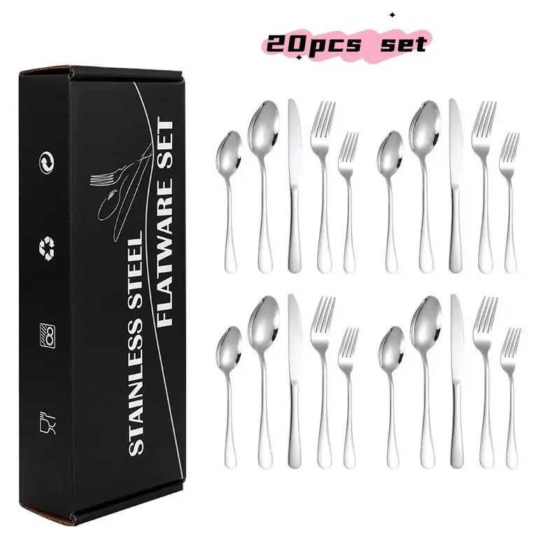 20 Piece Stainless Steel Cutlery Set, Polished Silver Color, Dishwasher Safe, Durable Metal, Ideal for Home Kitchen, Restaurant Gift Set