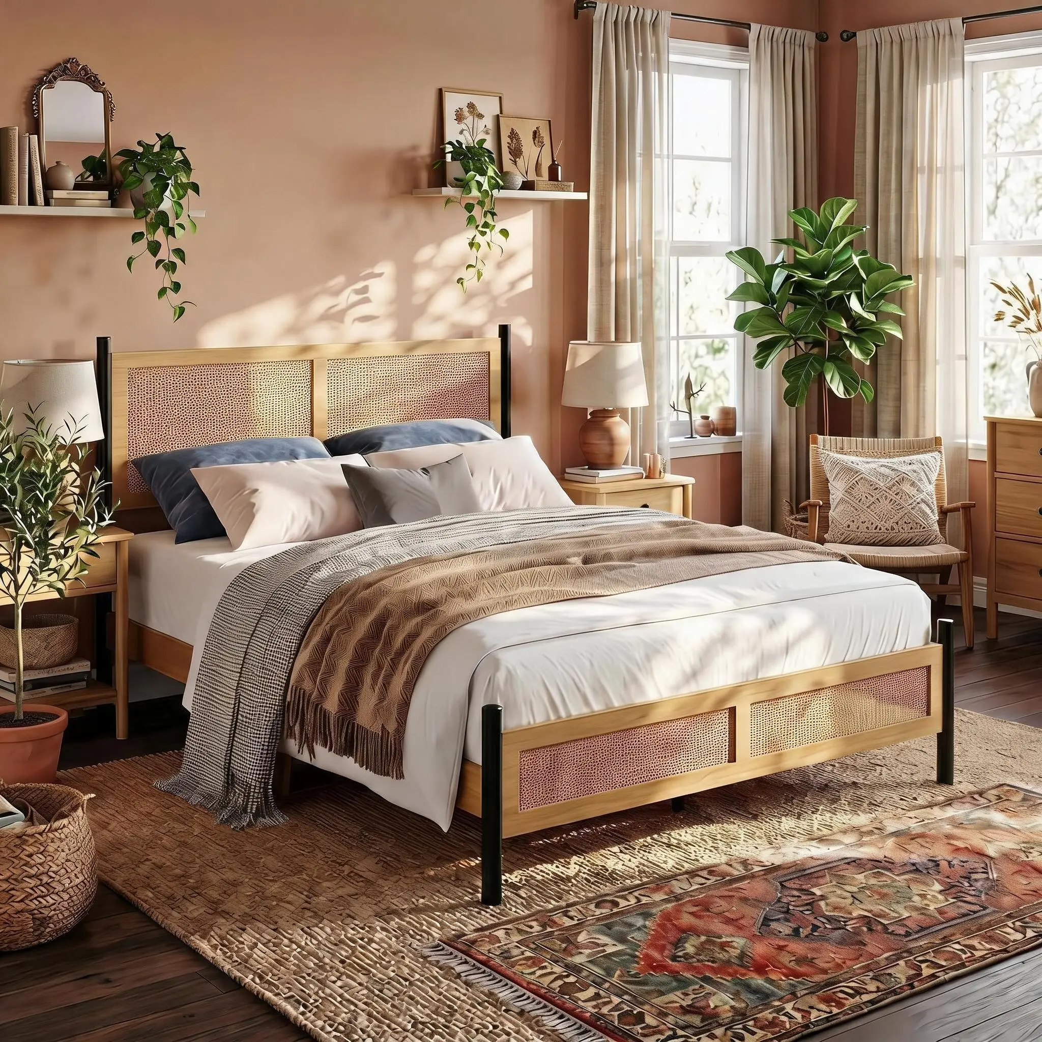 King/Full/Queen Size Rattan Bed Frame with Hand Woven Wicker Headboard – Boho Platform Bed with Under-Bed Storage, Wood Slats, No Box Spring Needed, Easy Assembly, Noise-Free