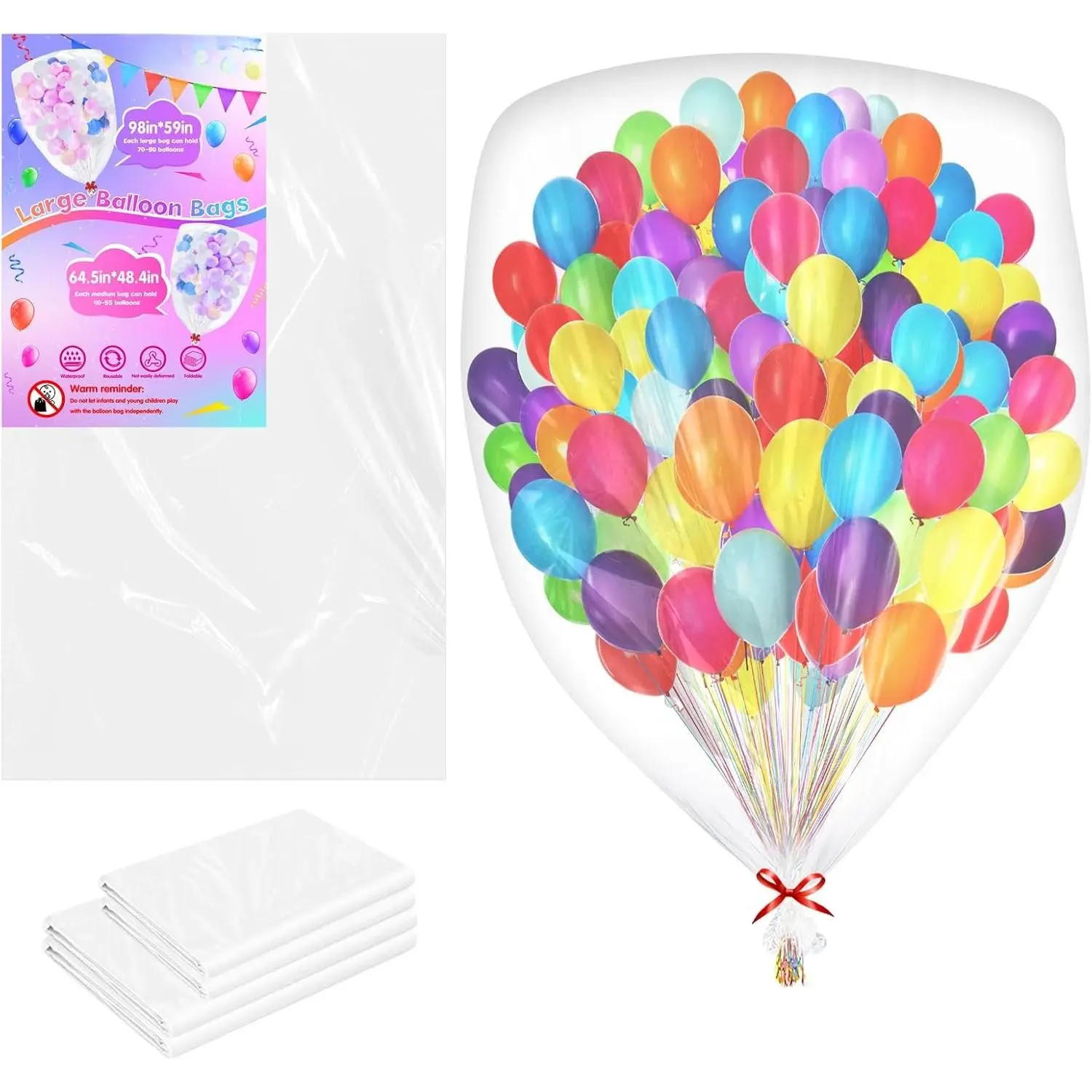 4 count Clear Balloon Drop Bag, Thickened Plastic Balloon Storage Bag Include 2 count 98 x 59inch 2 count 64.5 x 48.4 inch Giant Storage Bags for Wedding Birthday  Showers Celebration Party