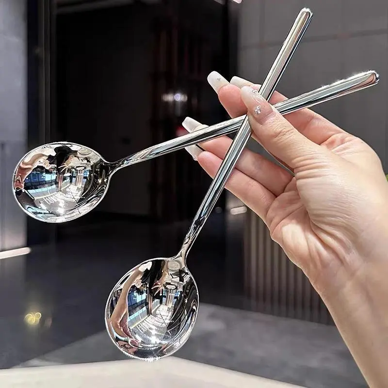 NEW Stainless Steel Spoon Korean Long Handle Tableware Thicken Stirring Ice Spoon Meal Spoon Household Dinner Spoon