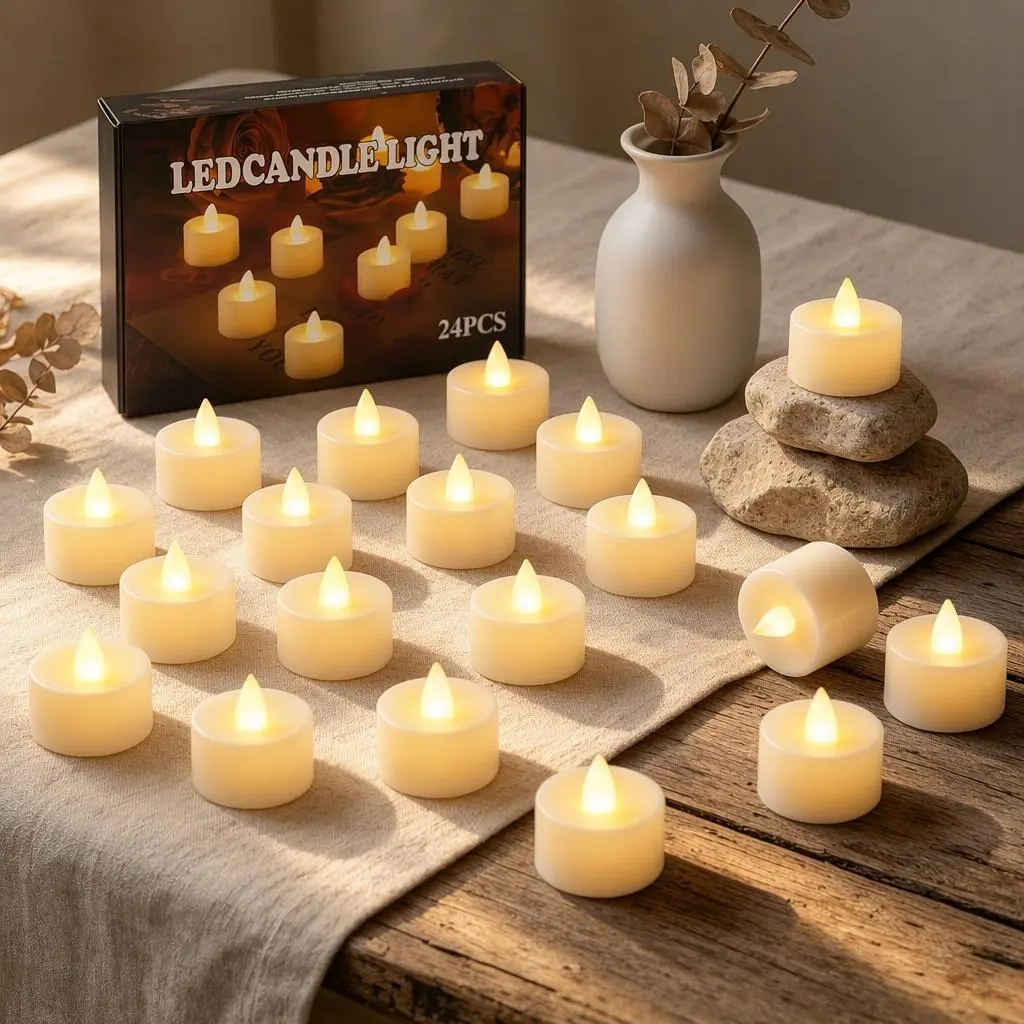 24 Pack Flameless Votive Candles, Flickering Warm White LED Tea Lights, 200+ Hour Battery Operated Fake Electric Candles for Wedding Table Halloween Christmas Home Decorations