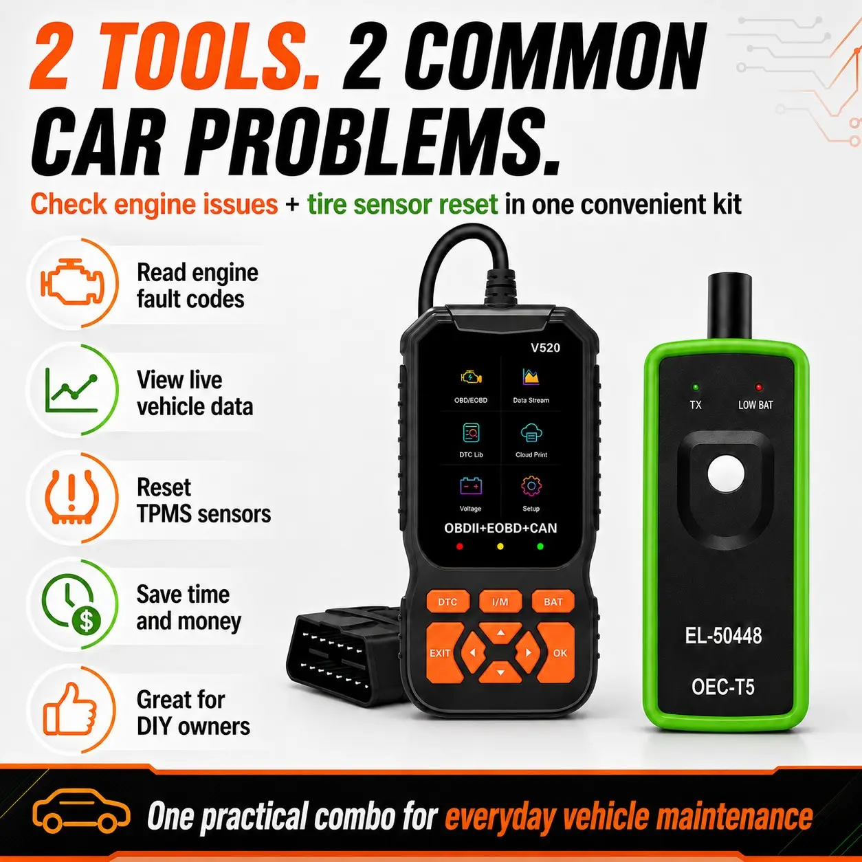 2-In-1 Car Diagnostic Kit, V520 Obd2 Scanner, EL50448 Tpms Reset Tool, Engine Fault Code Reader, Live Data, Dtc Library, Battery Voltage Check