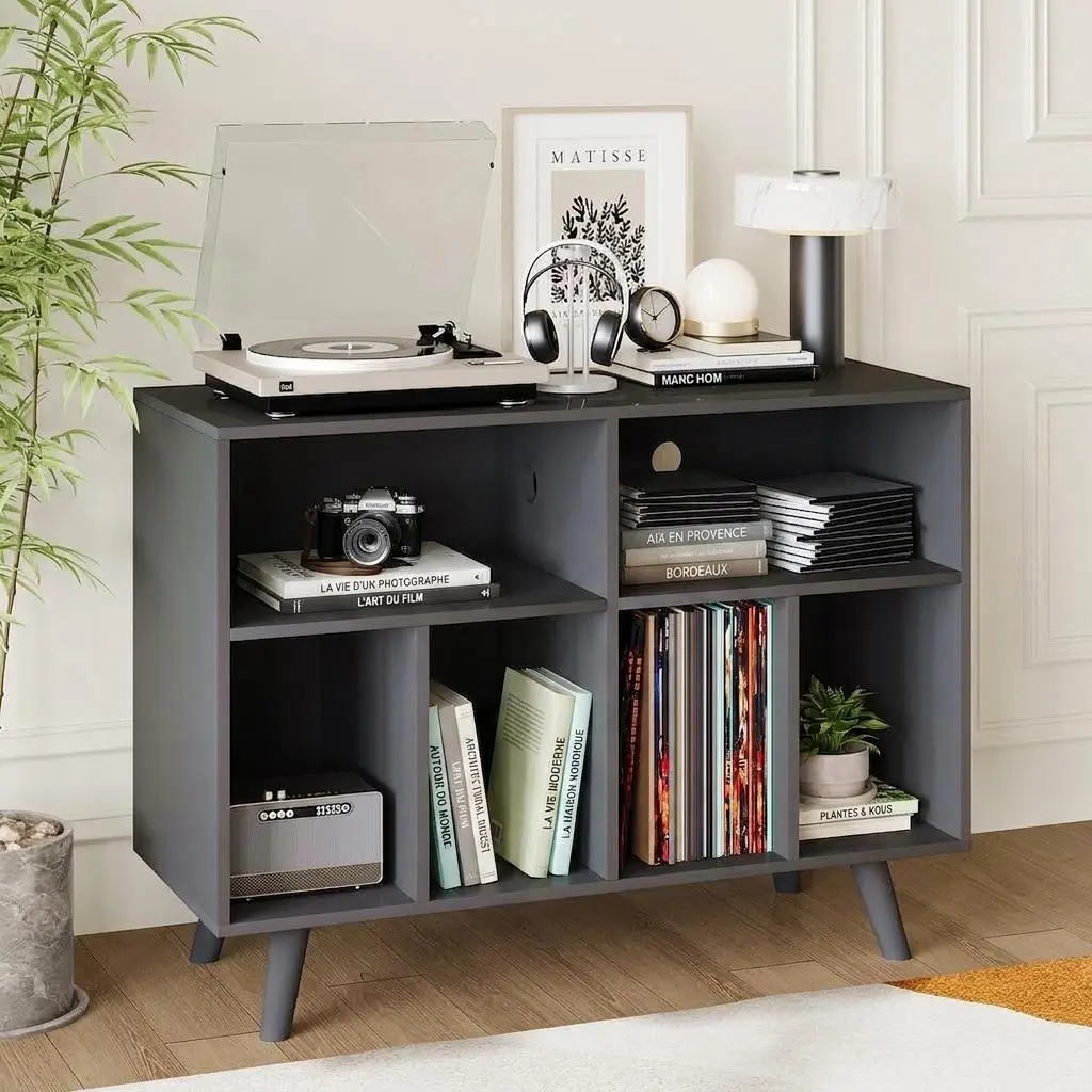 39.5" Record Player Stand, Mid-Century Vinyl Storage Cabinet with Charging Station, Holds Up to 350 Albums