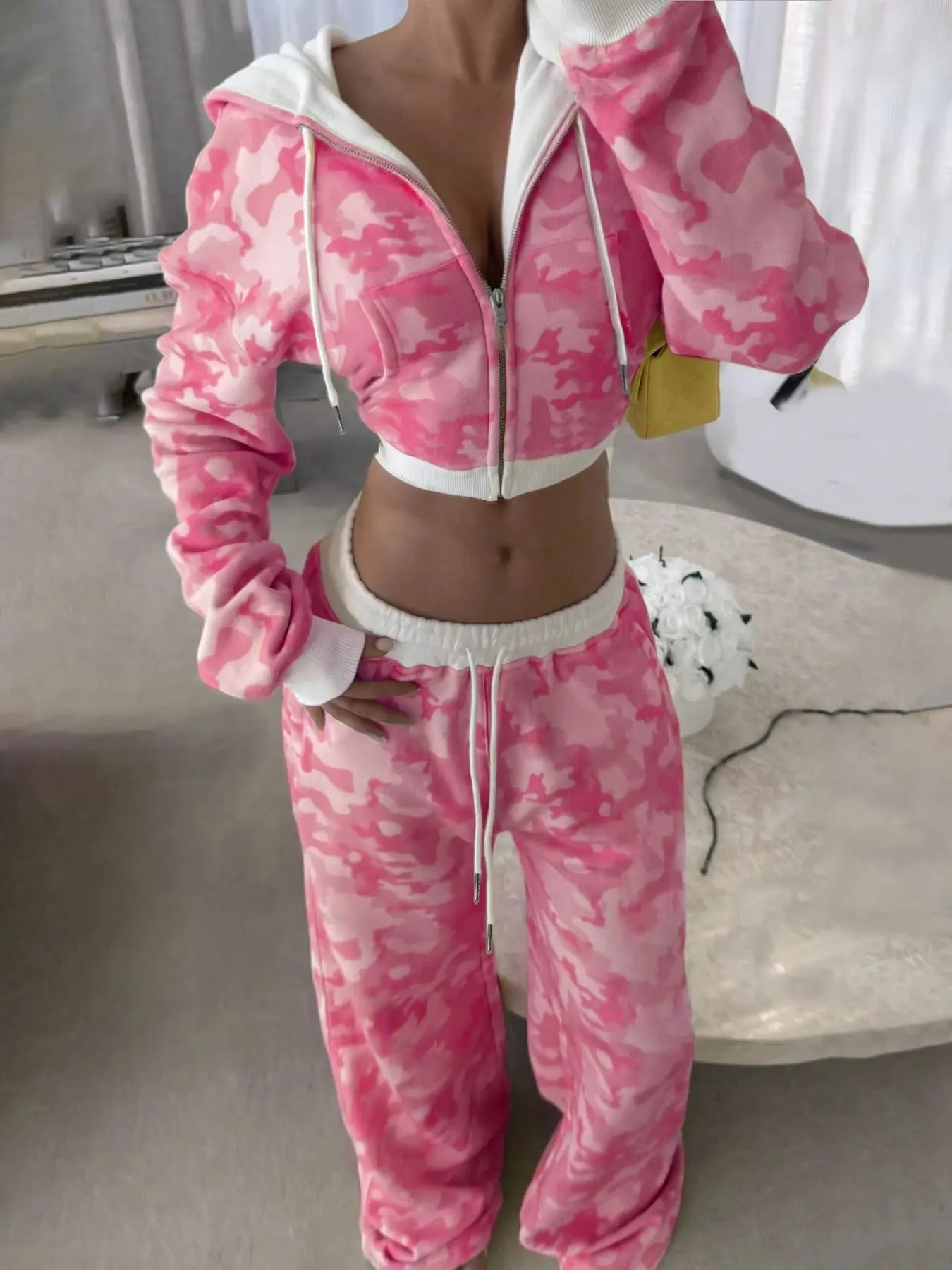 2026 Hot Selling Women Pink Camouflage Print Zip Hoodie Two Piece Set, Airy Relax Fit Short Hooded Jacket + Loose Long Pants Matching Suit, Trendy Tie Dye Casual Tracksuit For Outdoor Daily Wear