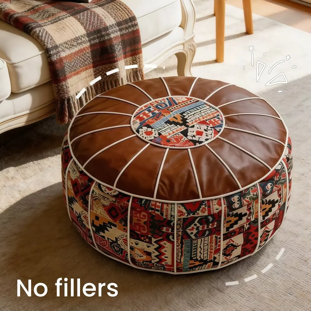 Multifunctional Storage Ottoman Pouf Cover, Faux Leather Ottoman Foot Rest with Hidden Storage, Boho Round Footstool Poufs, Fillable Pouf Ottoman for Blankets Clothes Pillows, Bohemian Pouf Ottoman