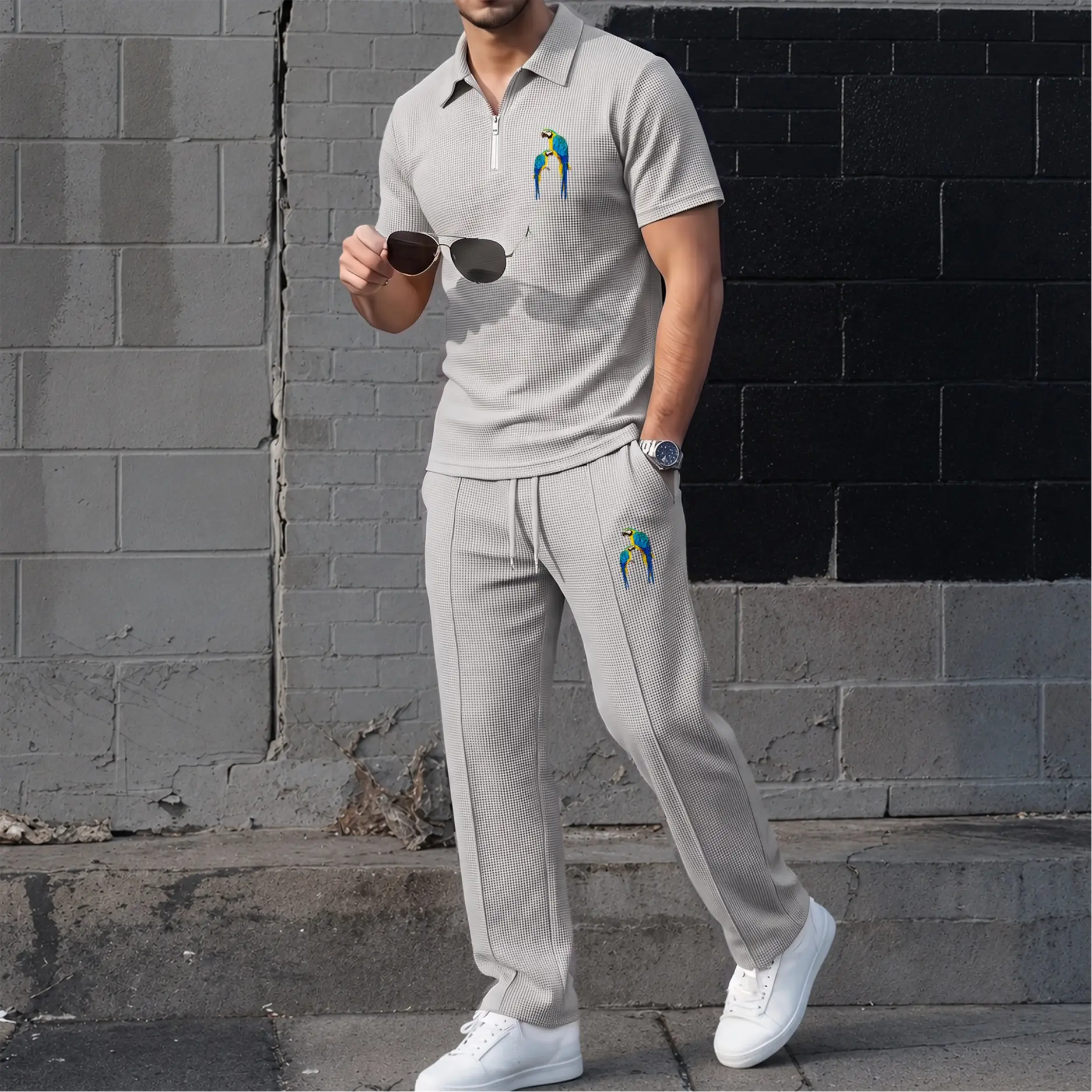 Men’s Parrot Graphic Waffle Fabric Zip Collar Polo Shirt and Pants Set, Short Sleeve Polo Top with Matching Drawstring Trousers, Casual Two Piece Outfit
