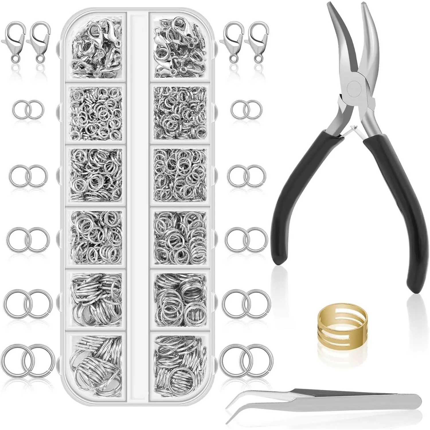 1200PCS Jump Rings for Jewelry Making Kit, Jump Rings and Necklace Clasps with Jump Ring Pliers Tools for Jewelry Making Supplies and Necklace Repair (Silver)