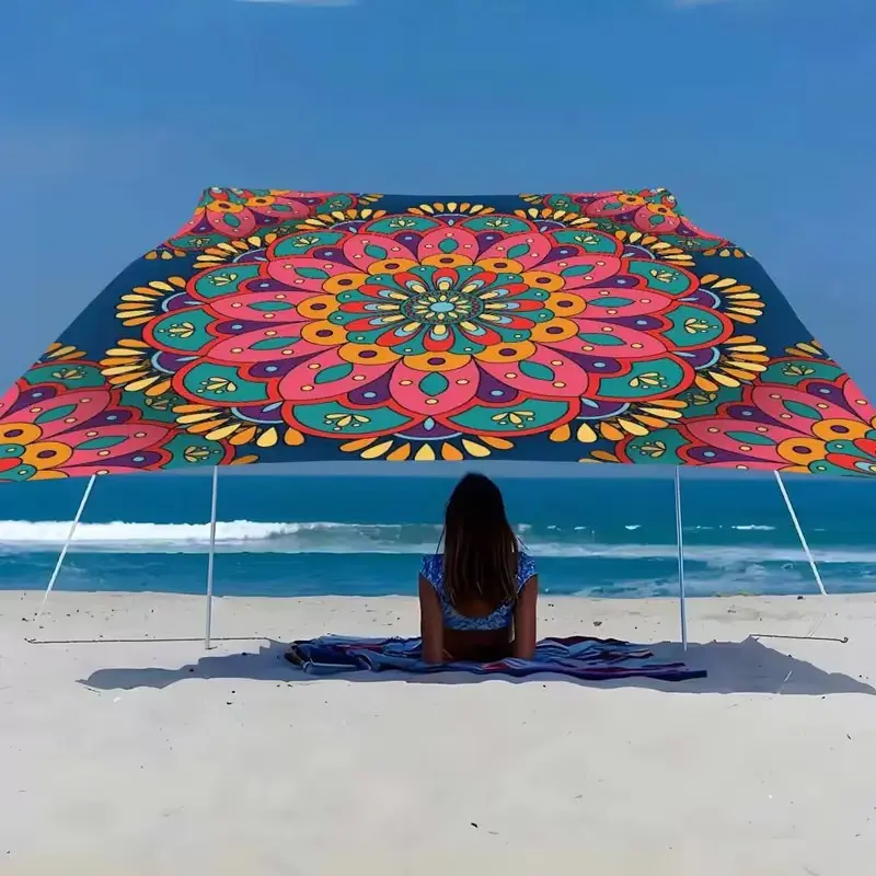 Boho Mandala Gradient Outdoor Polyester Canopy Beach Shade Sail, Thick Sun Protection, Easy Installation, Garden Courtyard Poolside, No Stand Included