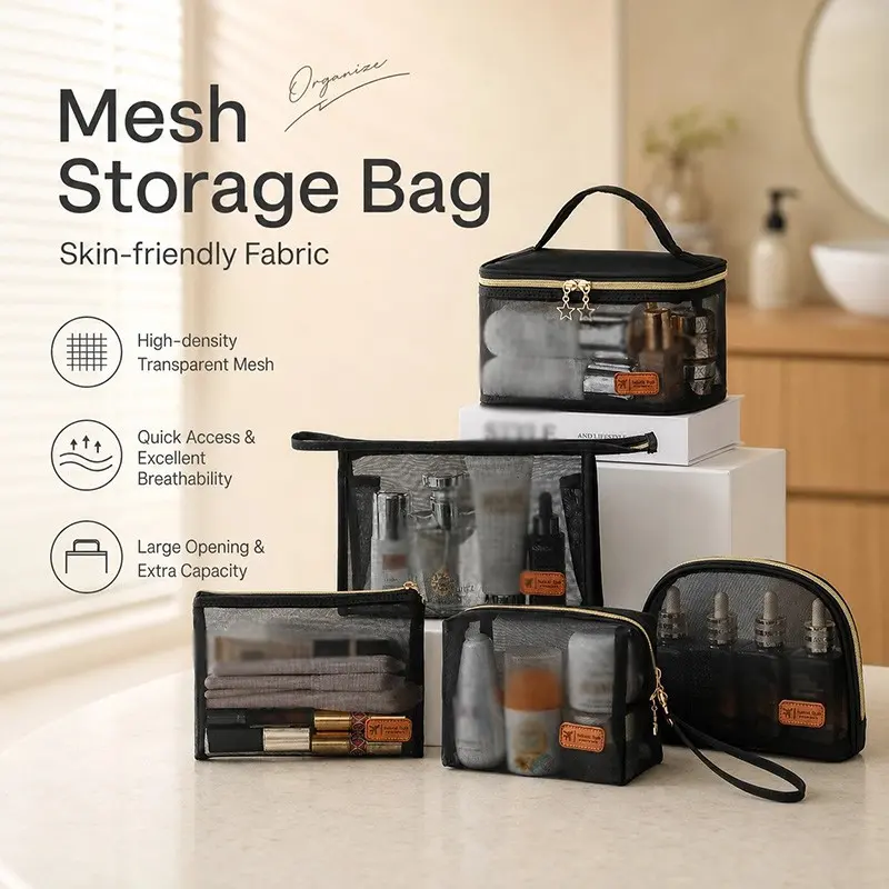 Transparent Mesh Travel Makeup Organizer Bag, Large Capacity Handheld Cosmetic Storage, Breathable, Easy Access, Portable & Hangable