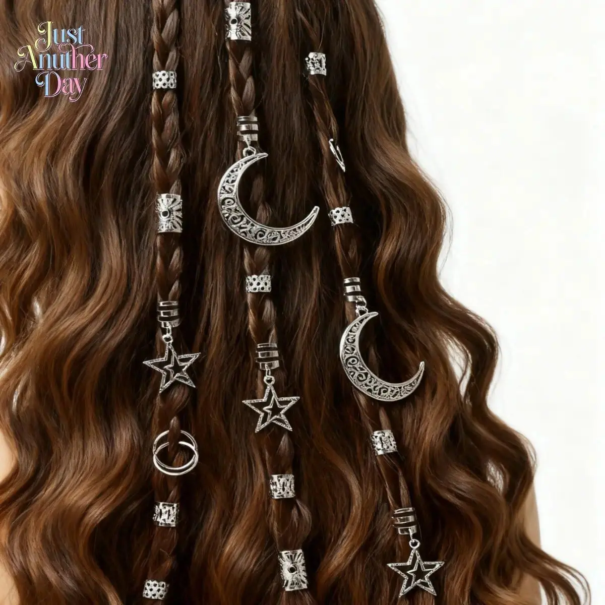 45Pcs Boho Sun Moon Star Dreadlock Hair Jewelry Silver Braids Beads Rings Festival Hippie Hair Decor