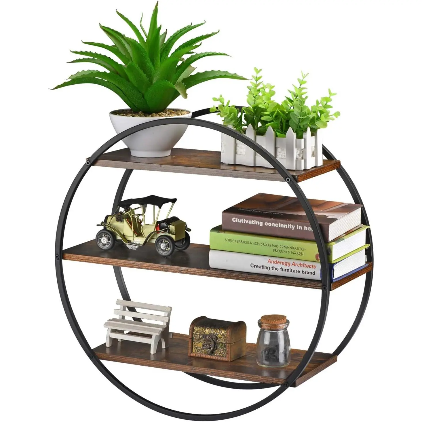 Floating Shelves, 3 Tier Decorative Geometric Circle Metal and Wood Wall Shelves, Bathroom Shelf Round Wall Decor, Rustic Brown