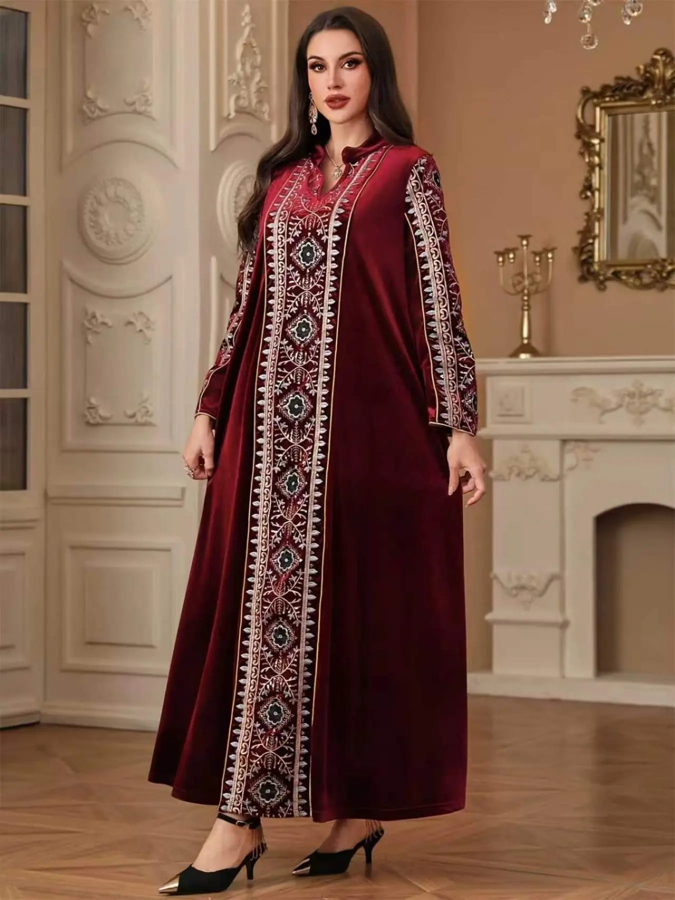 Hafizah Wine Velvet Kaftan, Embroidered Muslim Kaftan, Islamic Clothing, Ethnic Embroidery Long Robe, Stand Collar Half Open Front, Long Sleeve, Party Dress, All Seasons