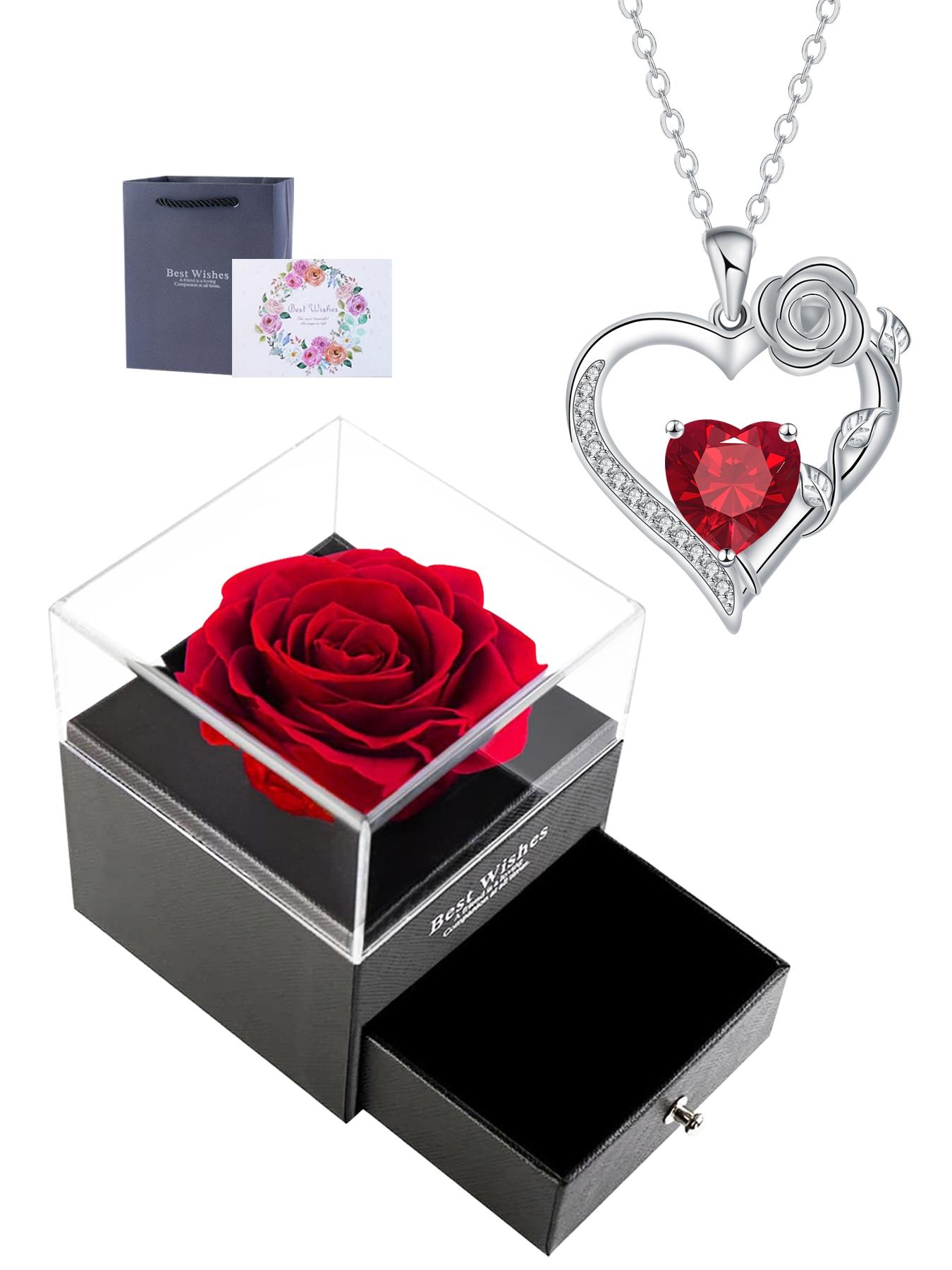 Rose Flower Heart Pendant Necklace With Rose Jewelry Gift Box, Love Heart Necklace, Anniversary Birthday Gifts for Women Mom Wife Her, Mother's Day Jewelry Gift for Mom