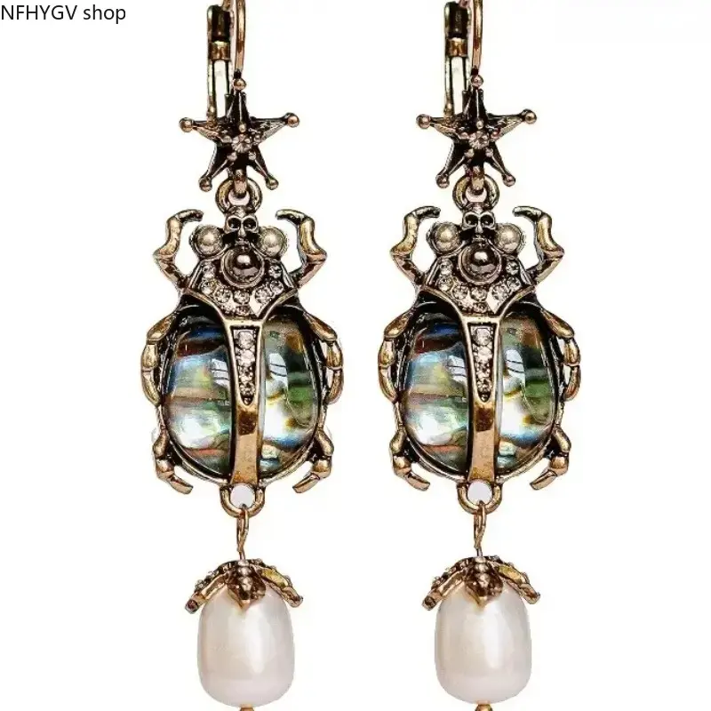 Vintage Scarab Beetle Dangle Drop Earrings, Egyptian Whimsical Unique Bug Statement Jewelry, Eye-Catching Fashion Accessories For Daily Dress-Up Halloween Parties And Holiday Birthday Gifts For Women