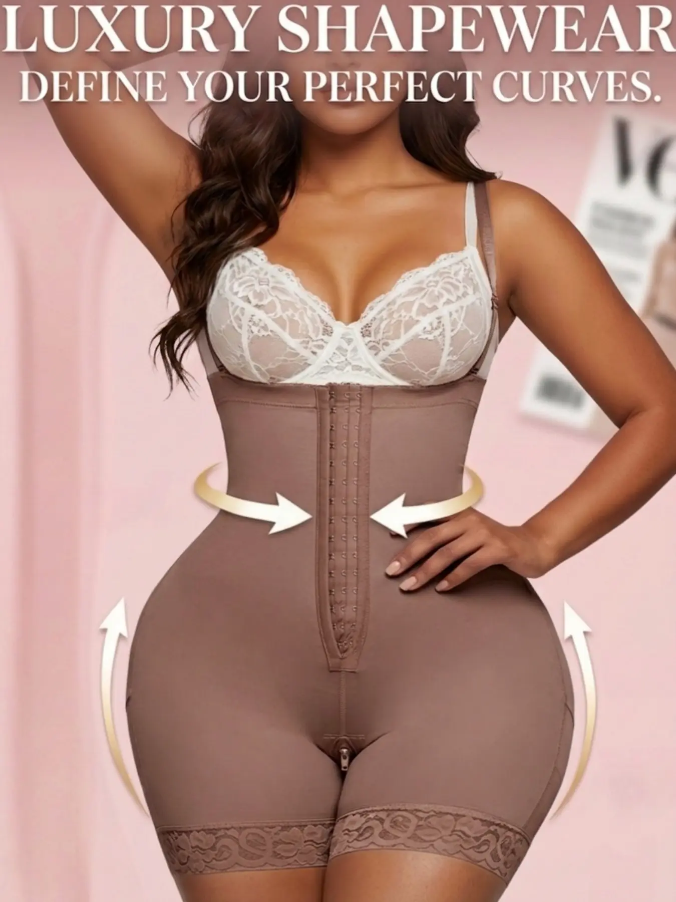 1 Count Women's Open Bust Shapewear, Fajas, Adjustable Hooks Eye Closure Jumpsuit, Zipper Crotch Bodysuit, Lace Trim Antislip Breathable Body Shaper, Colombian Shapewear, Ideal for Daily Wear & Formal Occasion, Fajas Colombianas Bodysuit