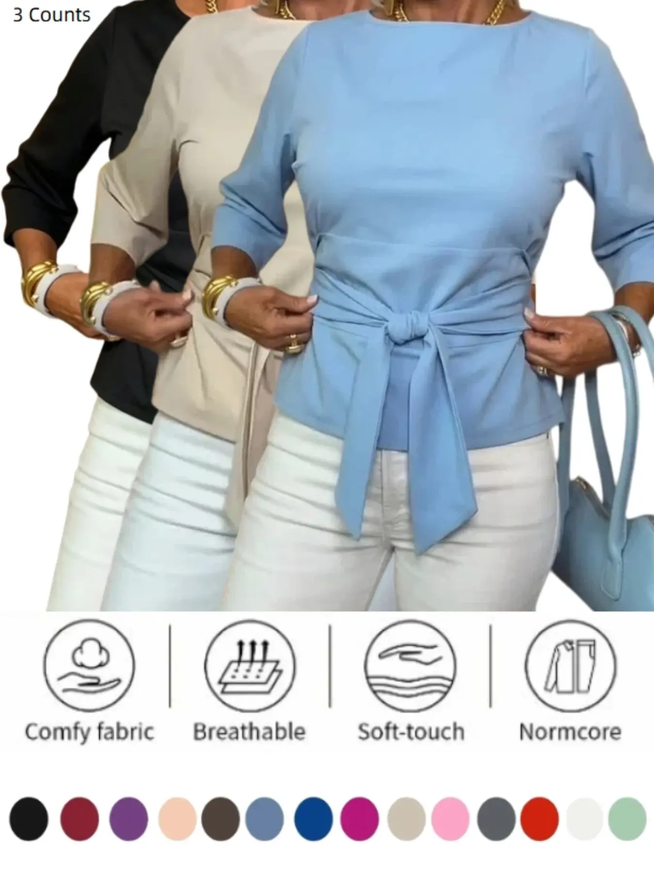 Women 1/3piece Elegant Boat Neck Three Quarter Sleeve Self Tie Knotted Waist Slim Fit Peplum Hem Office Casual Blouse Top
