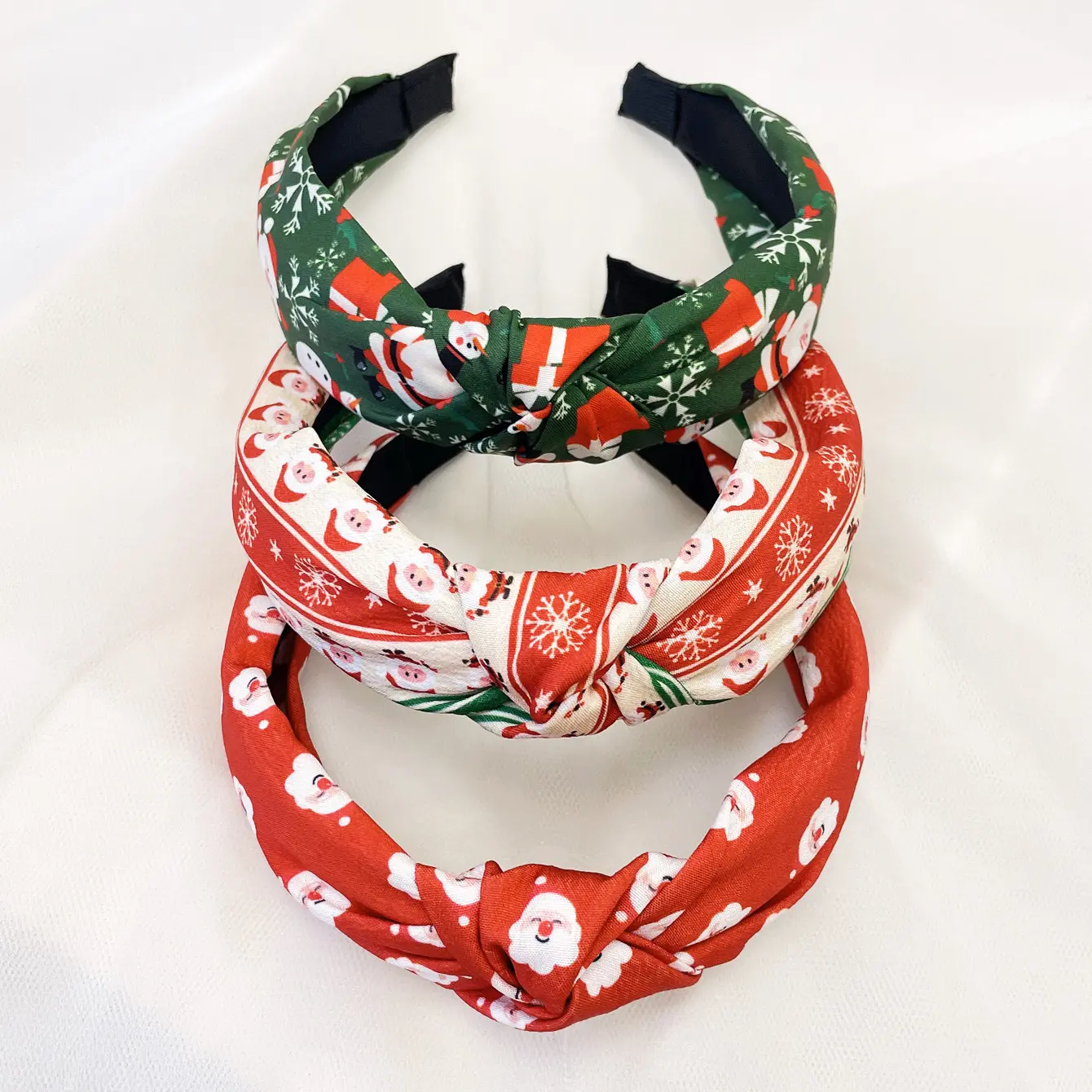 Christmas headband set with tree, snowman, snowflake, reindeer and gingerbread man patterns, fabric cross knot design, festive hair accessory for holiday parties and celebrations, Party Wear, Fabric Band, Festive Print, Holiday Motifs