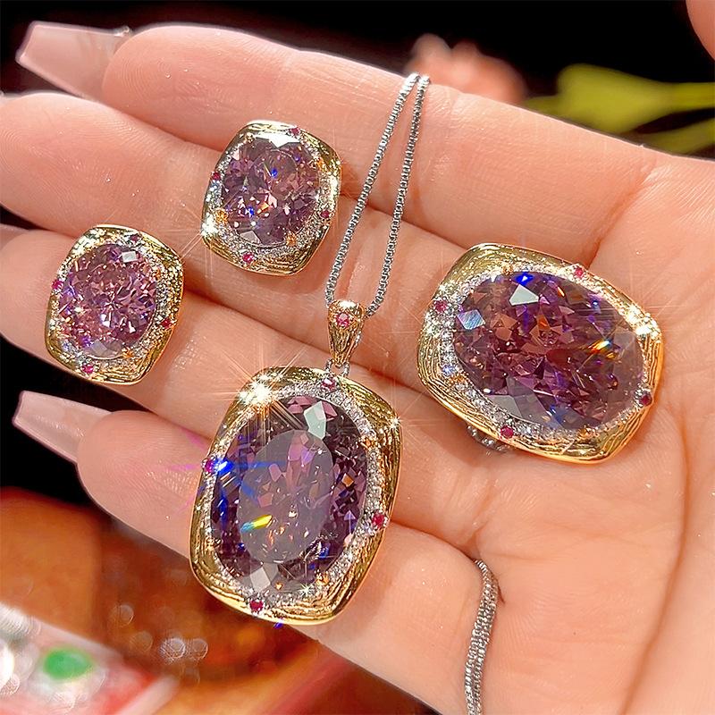 Vintage Dried Rose Jewelry Set for Women Oval Cut Luxury Fashion Necklace Earrings Ring Gifts for Women