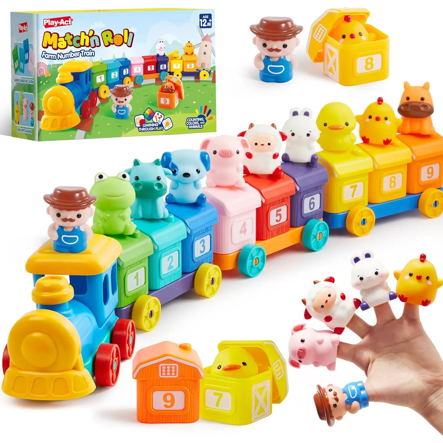 Montessori-Style Learning Toy Set, Farm Number Train with Counting Practice for 3+ Years Old Toddlers, 9 Farm Animals Counting Matching Sorting Game, Birthday Gift for Baby Boys Girls