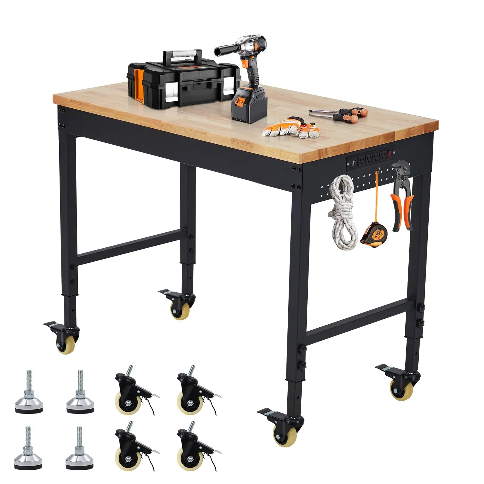 Workbench Adjustable Height, Work Bench for Garage Oak Plank, Heavy Duty Workbench with Power Outlet, 2000lbs Weight Capacity