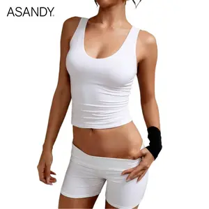 ASANDY Women's U Neck Crop Tank Top, Sleeveless Double Layer Slim Fit Basic Tee, Comfortable 4-Way Stretch for Everyday Casual & Workout