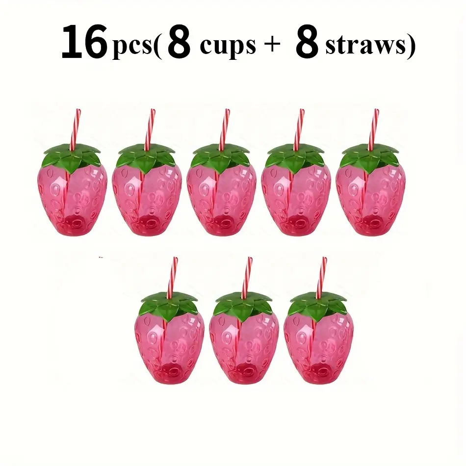 Set of 16 (8 cups and 8 straws) Cute strawberry cup set with straw, reusable plastic juice cup, perfect for outdoor picnics, family gatherings, birthday parties, and a great gift for summer celebrations