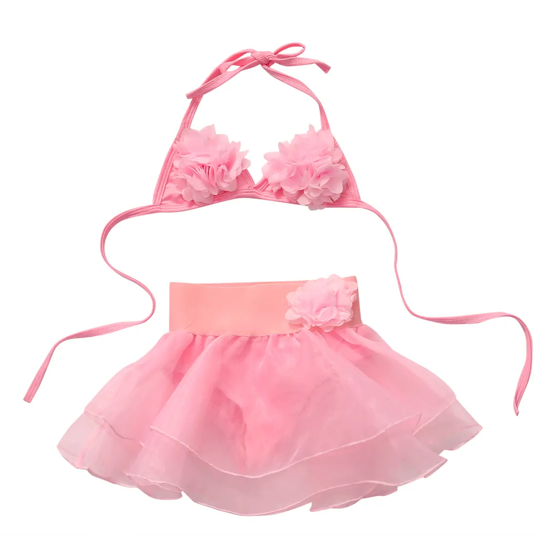 Kids Baby Girl Flower Swimsuit 2Pcs Halter Triangle Tops + Tulle Tutu Skirt Bikini Set Bathing Suit Swimwear