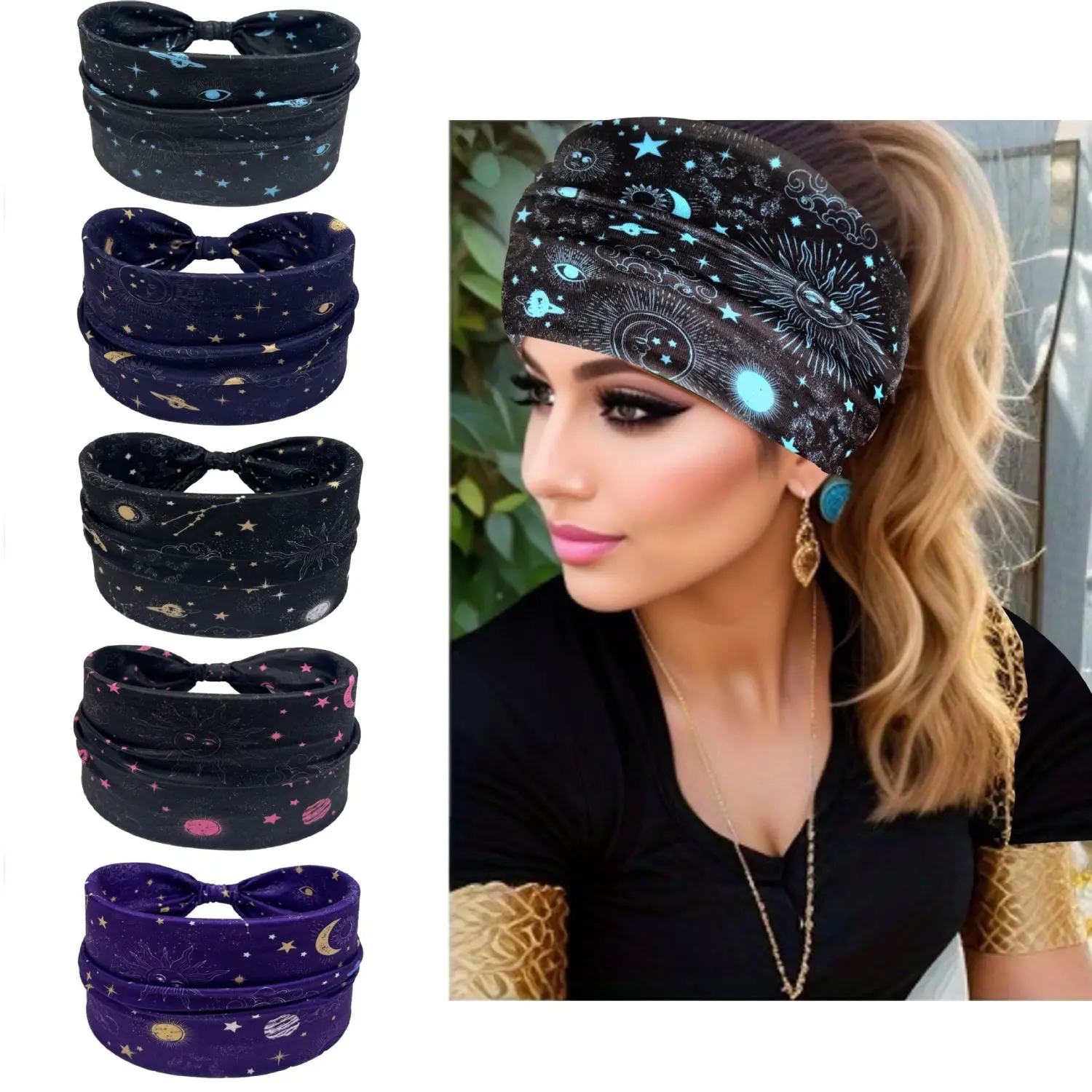Women's 5-Pack Boho Wide Bandana Headbands - Celestial Sun Moon Galaxy Printed, Elastic Non-Slip Turban Headwraps, Workout Fashion Accessory Sets