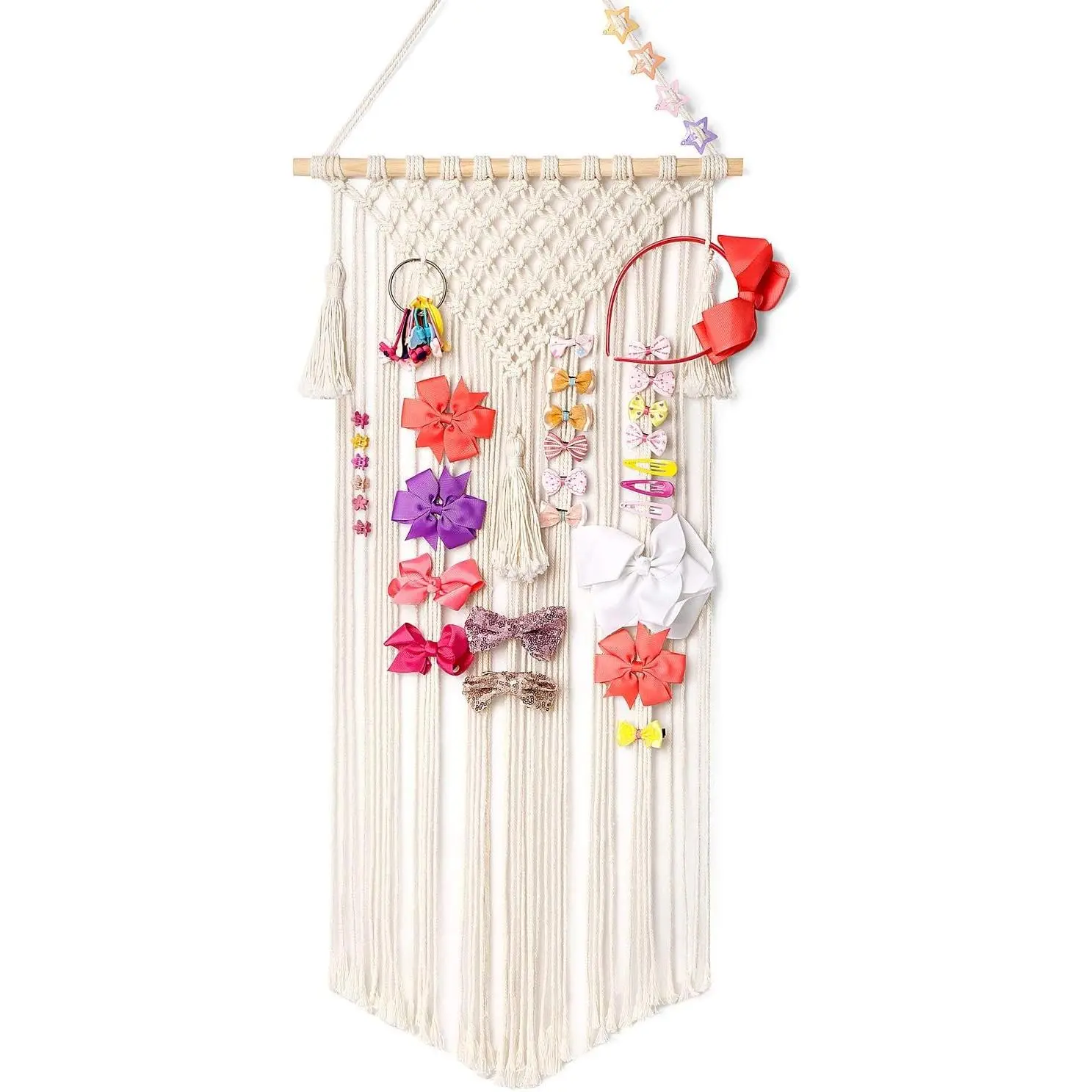 Mkono Macrame Hair Bow Holder Hanging Hair Clips Hanger Headband Storage Organizer, Boho Fringe Tassel Wall Decor for Baby Girls Room Ornament Gift, Ivory (Clips Not Included)