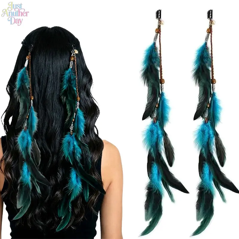 2 Pack Bohemian Natural Feather Hair Barrettes, Retro Indian Ethnic Wooden Bead Tassel BB Hair Clips, Hippie Long Pendant Hair Pins for Beach Vacation, Music Festival & Cosplay Outfit Decor