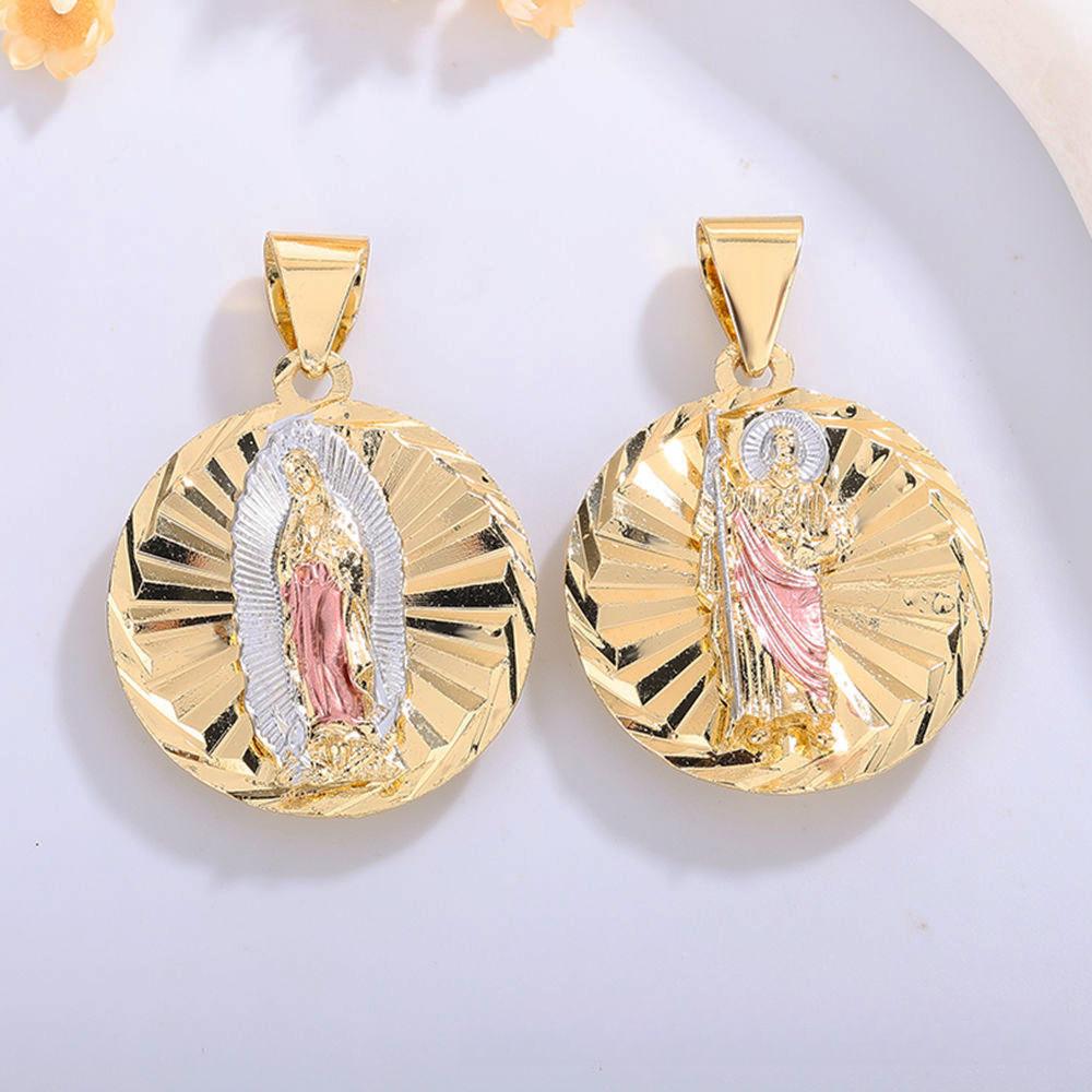 14K gold-plated Saint Jude medal pendant, religious Catholic jewelry, featuring green enamel details and a sunburst design. Suitable for both men and women, offering divine protection