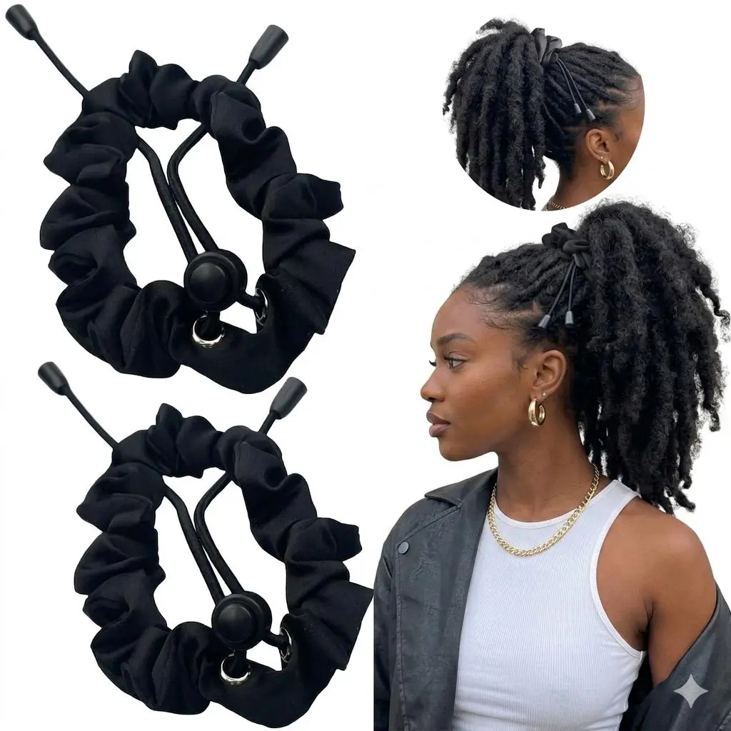 2 Pcs Adjust Satin Hair Tie, Satin Scrunchies for Women Girls, Adjustable Hair Ties for 4c Girlie Thick Curly Natural Hair, No Damage Hair Accessories for Afro Puff Loc Ponytails (black)