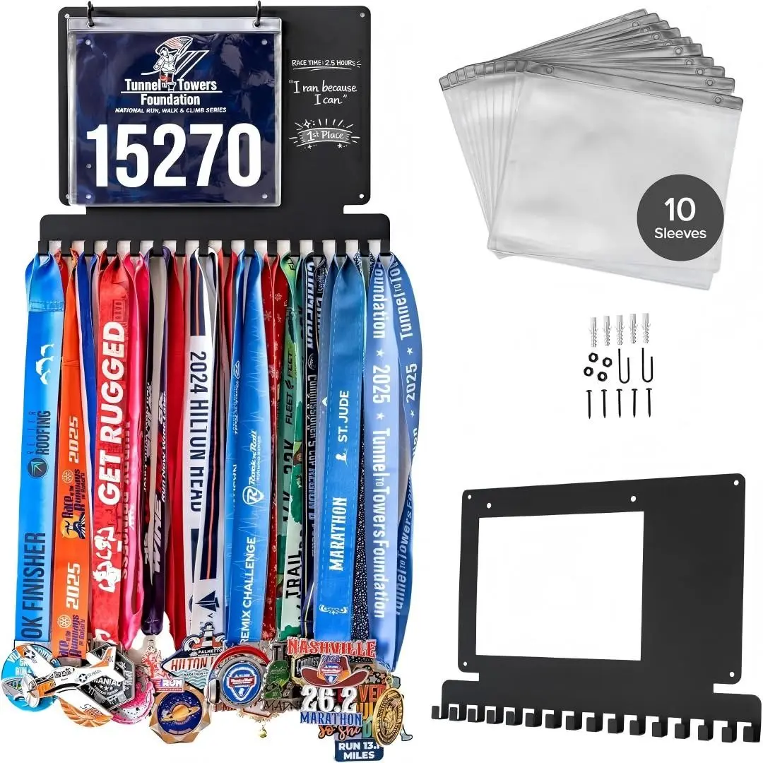 Running Medal Hanger, Thick Medal Holder Display Rack with Independent Hook, Writeable Board, Bib Slot, Wall-Mounted Organiser for Runners, Students, Athletes