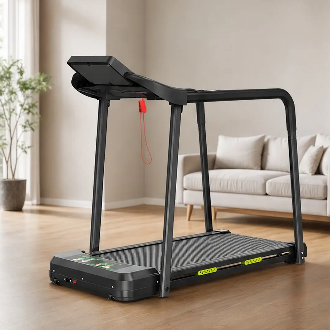 Black Steel Walking Pad Treadmill for Seniors, Folding Design with Safety Handrails, Large LED Display, 300 lbs Capacity for Home Fitness, Folding Walking Treadmills