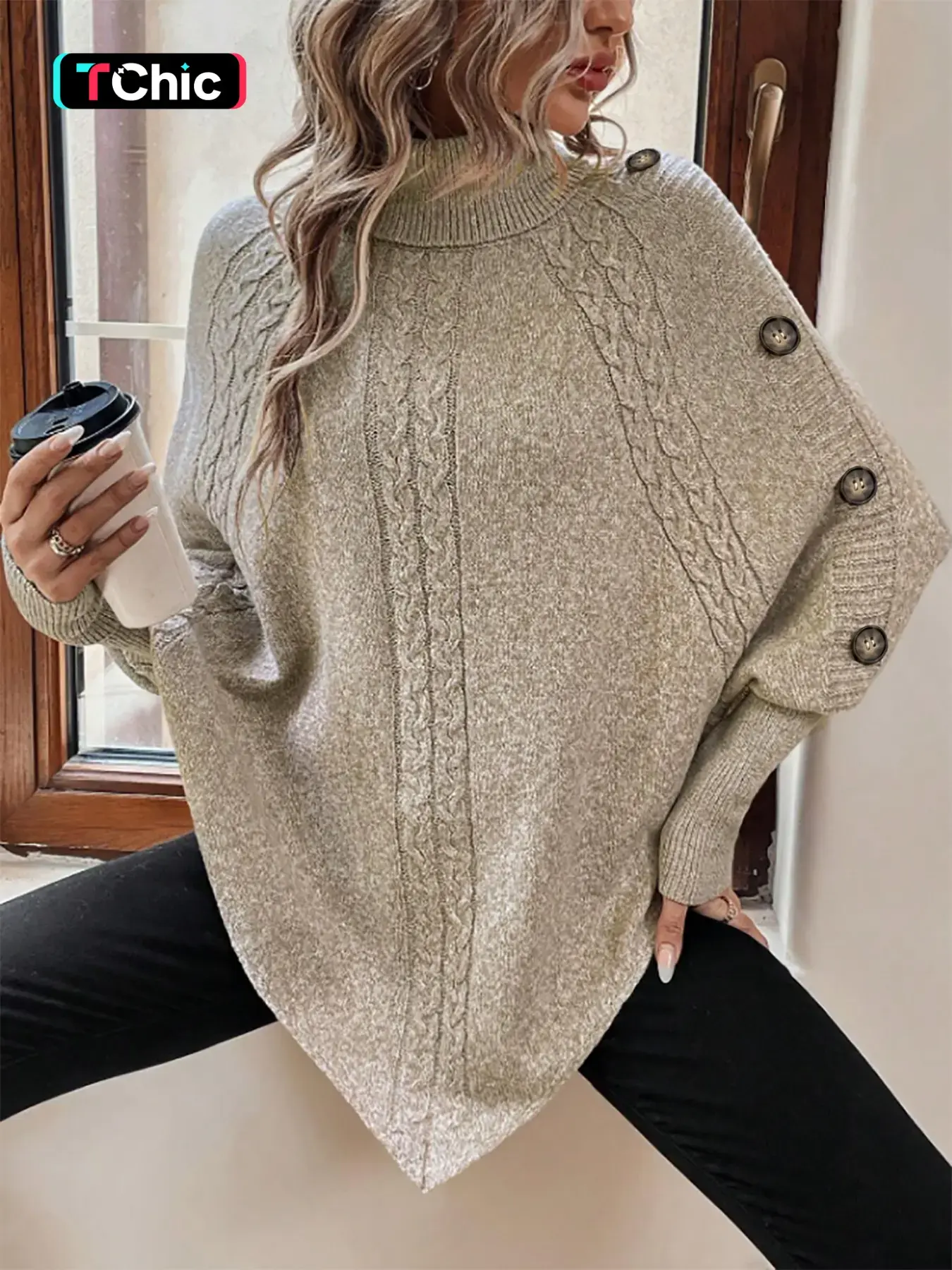 Women's Plain Fake Buttons Batwing Sleeve Loose Sweater, Casual Long Sleeve High Neck Jumper for Fall & Winter, Fashion Ladies' Knitwear for Daily Wear