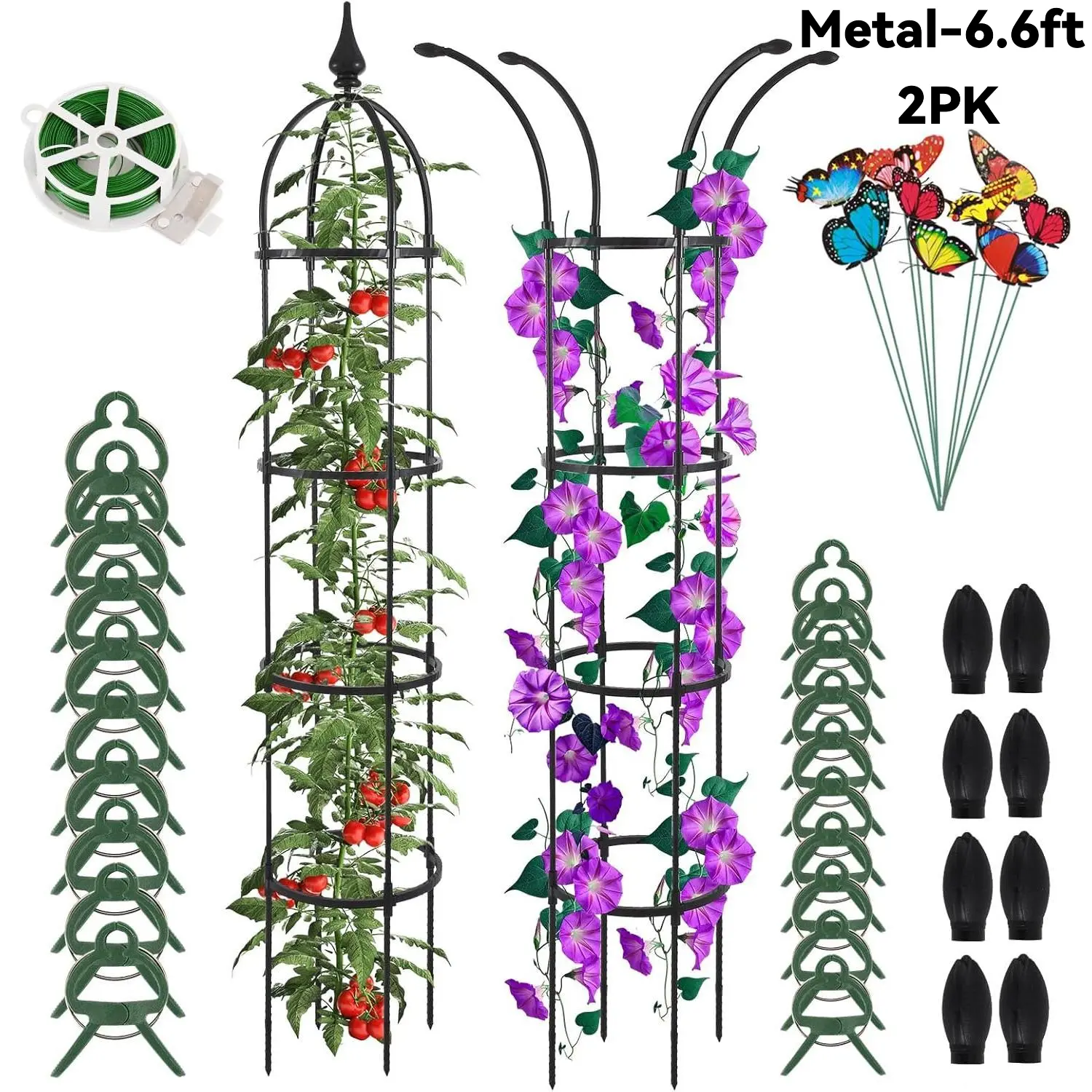 Obelisk Trellis for Climbing Plants Outdoor 6.6ft, Garden Tower Trellis for Potted Plants Indoor with Twist Tie, Clips and Butterflies Rustproof Coated Metal Support for Vines Rose 2Pack