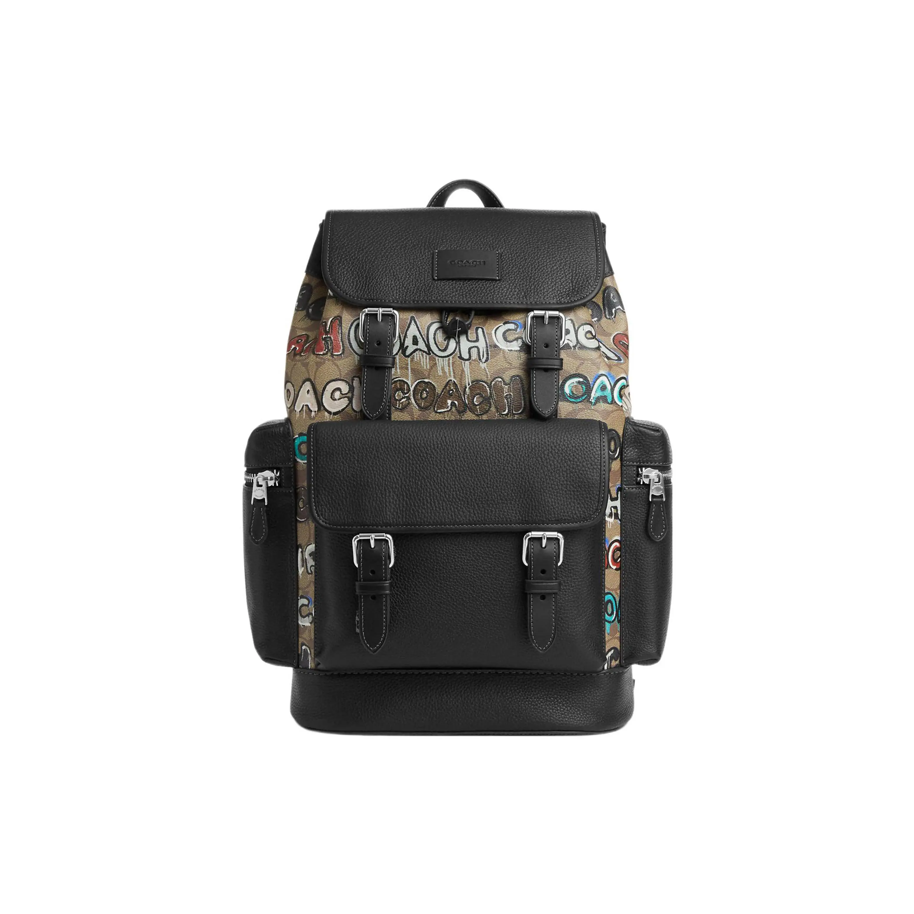 Coach x Mint + Serf Sprint Backpack for Men: Graffiti-Print Classic Monogram Pebbled Canvas with Leather Trim in Black and Khaki